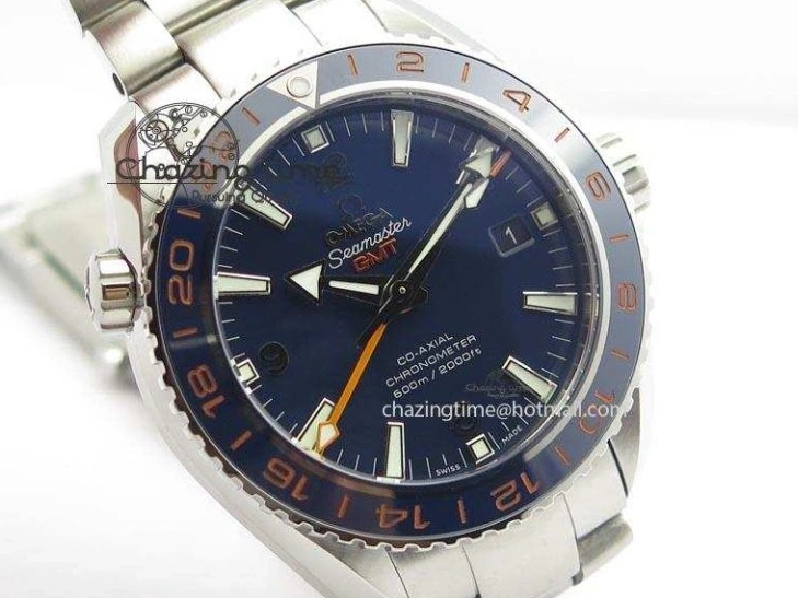 0523 Planet Ocean GMT 43.5mm V6F Goodplanet Orange Marker Blue Dial On SS Bracelet A ModernLook 8215